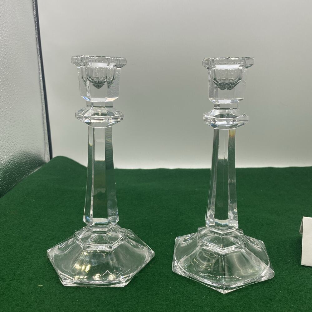 Pair(2) Crystal Candlestick Holders-Hexagon Shaped 7” Tall-Taper Candle Holders